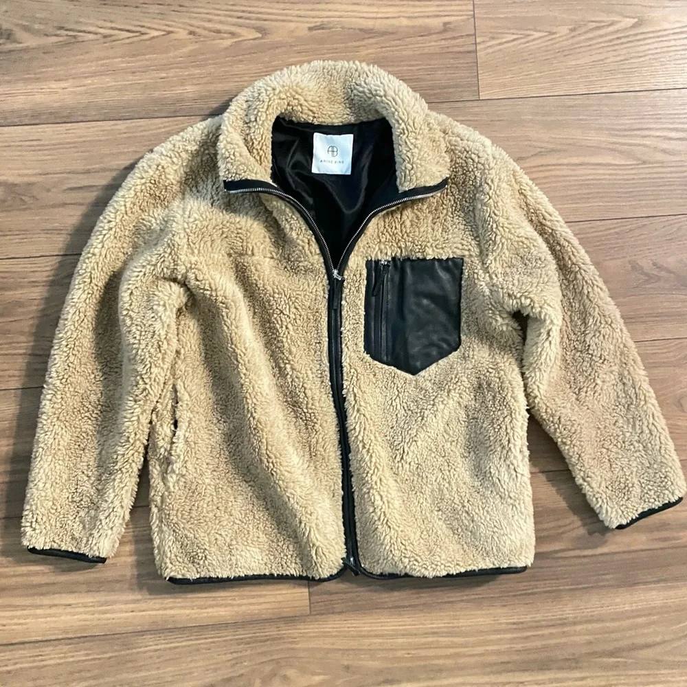 Anine Bing Ryder Jacket Sherpa Women's Med Tan Black Full Zip Pockets‎